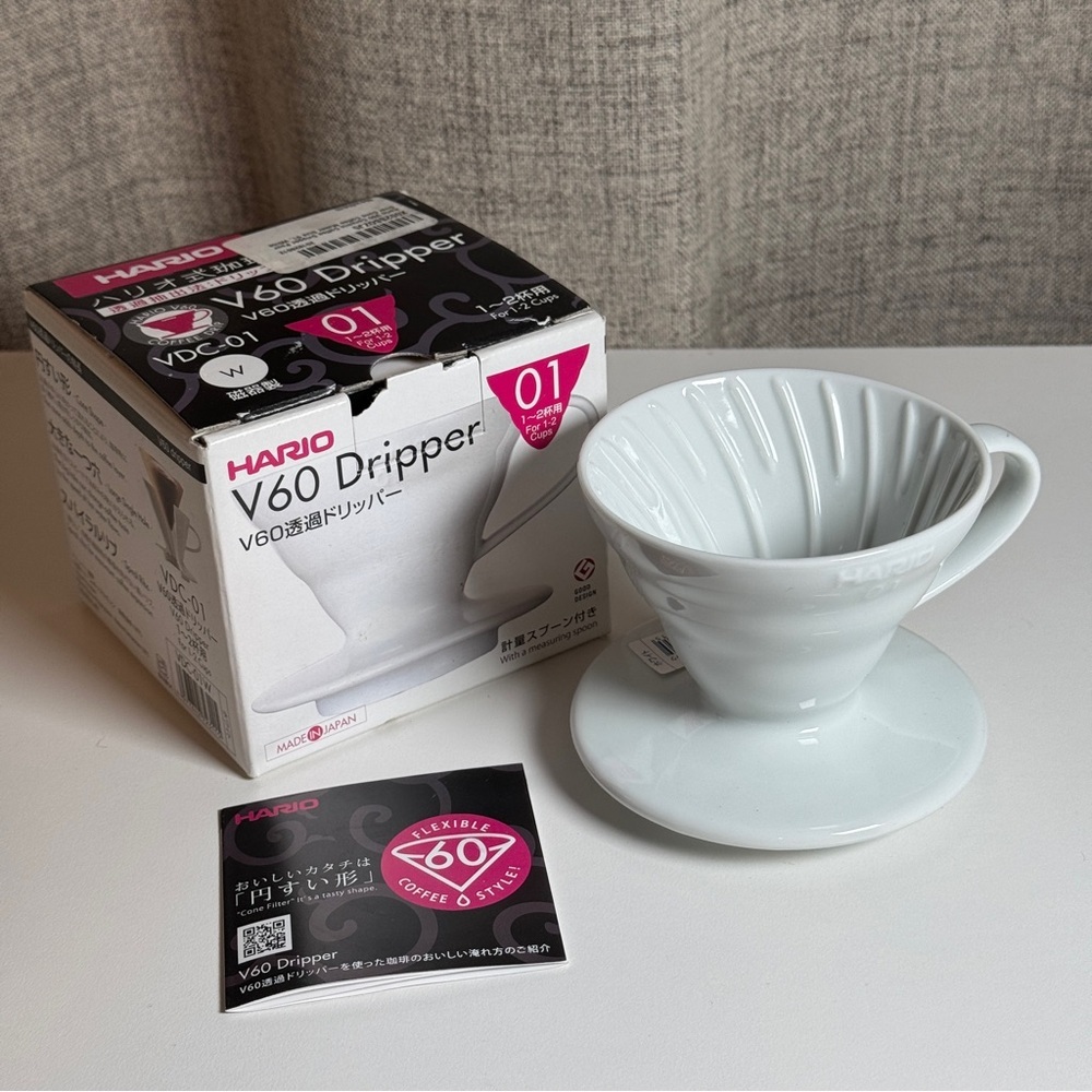 Hario V60 Ceramic Coffee Dripper Pour Over Cone Coffee Maker Size 01, White